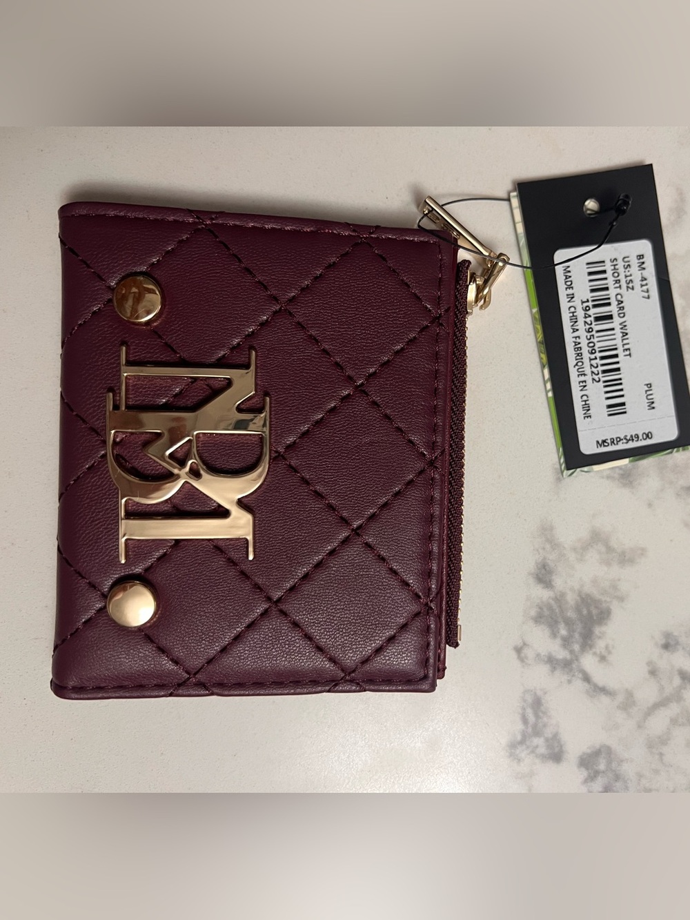 Badgley Mischka Quilted Card & Key Holder in Burgundy with Gold Hardware - Picture 2 of 8